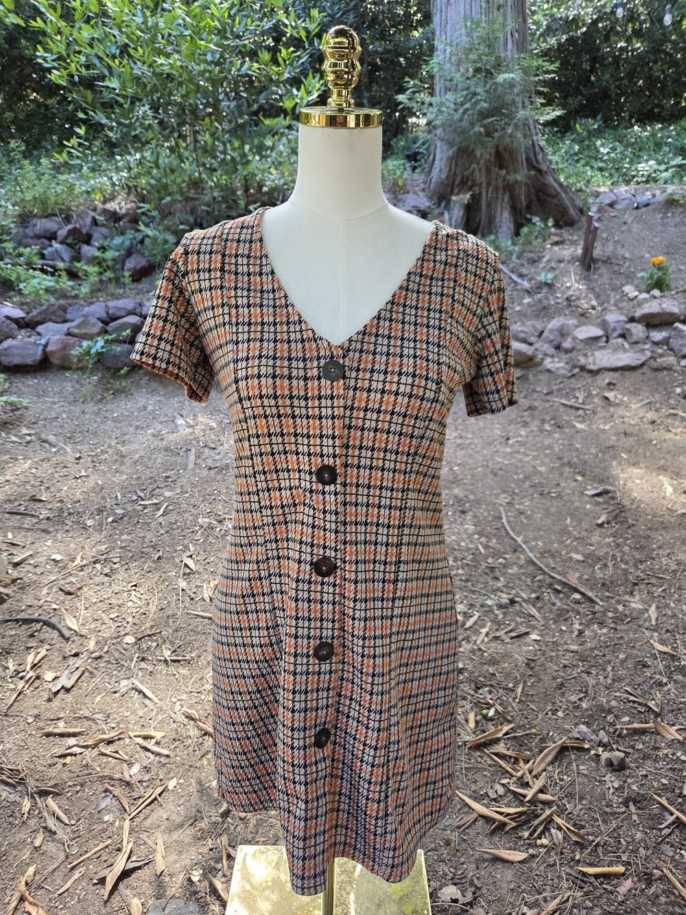 Zara Button-Front Plaid V-Neck Dress in Orange and‎ Black Size Medium